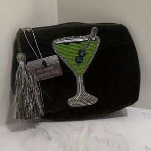 NWT velvet cosmetic bag with beaded martini design and silver tassel